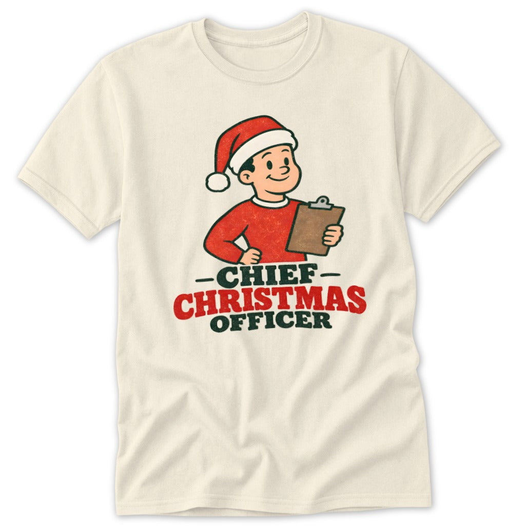 Cream t-shirt with retro illustration of boy in Santa hat holding clipboard, text "Chief Christmas Officer".