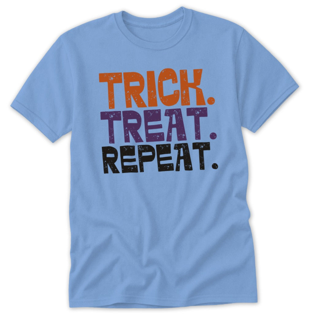 Light blue t-shirt with "TRICK. TREAT. REPEAT." text in orange, purple, and black.