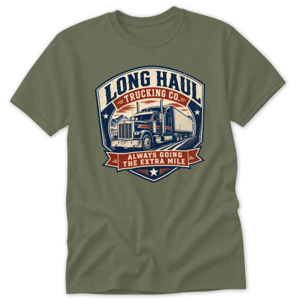 An olive green crewneck t-shirt featuring a vintage trucker graphic with text reading Long Haul Trucking Co.