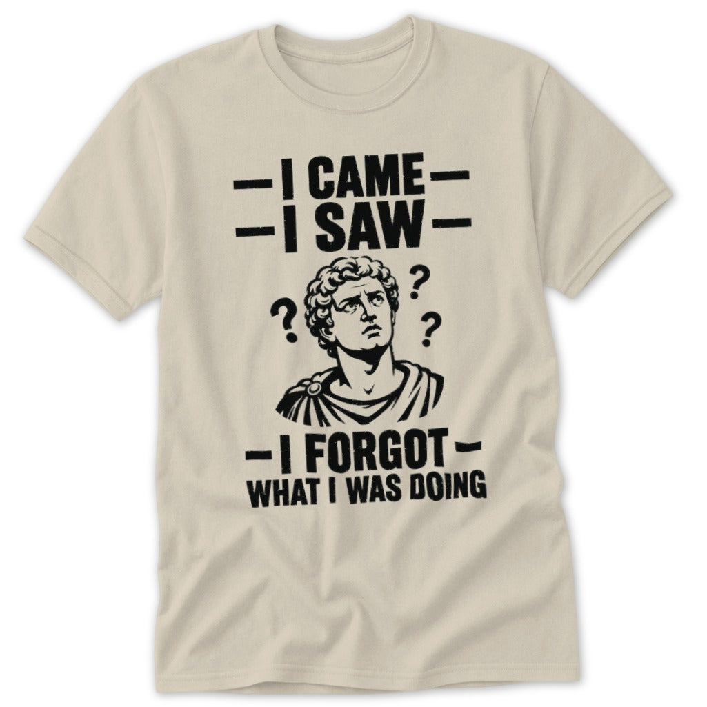 Cream t-shirt with black text: "I came, I saw, I forgot what I was doing."