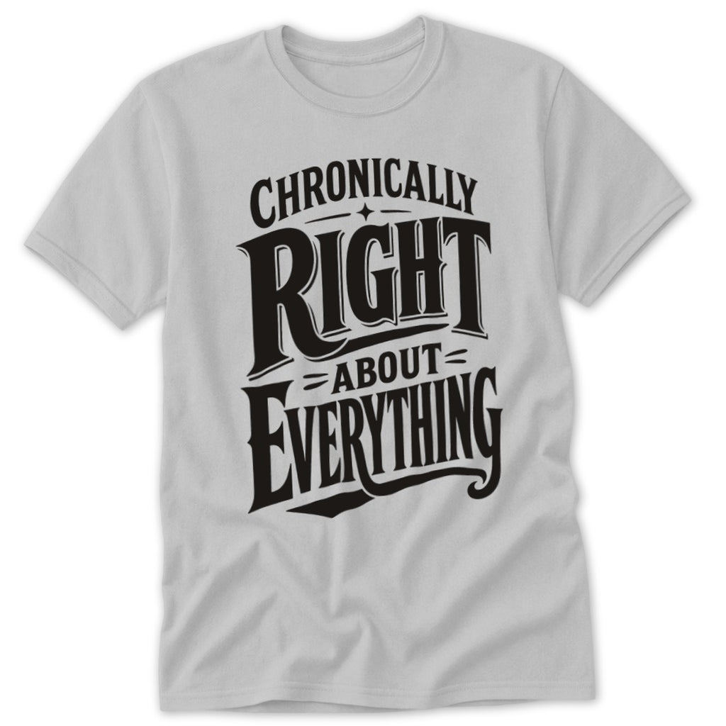 A light gray t-shirt featuring black lettering that reads Chronically Right About Everything.