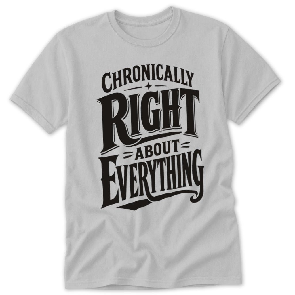 A light gray t-shirt featuring black lettering that reads Chronically Right About Everything.