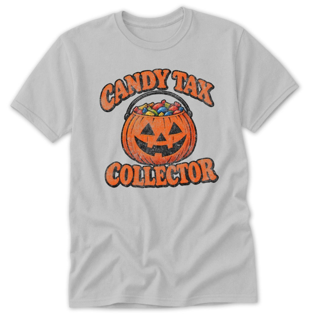 Light gray t-shirt with a jack-o'-lantern candy bucket and "Candy Tax Collector" text.