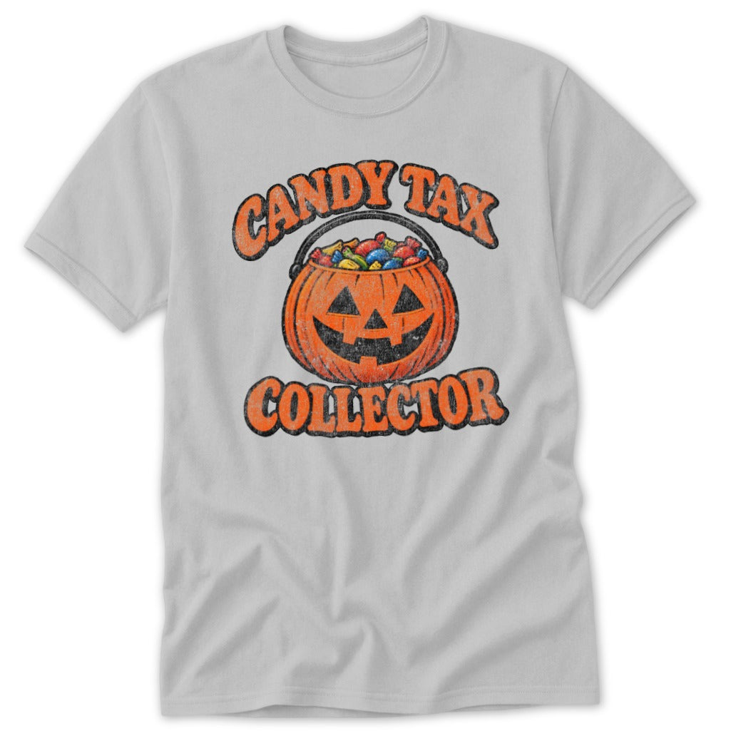 Light gray t-shirt with a jack-o'-lantern candy bucket and "Candy Tax Collector" text.