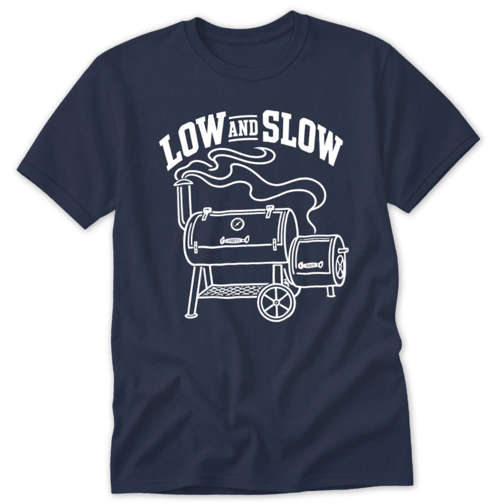 Navy t-shirt with white "LOW AND SLOW" text and BBQ smoker graphic.