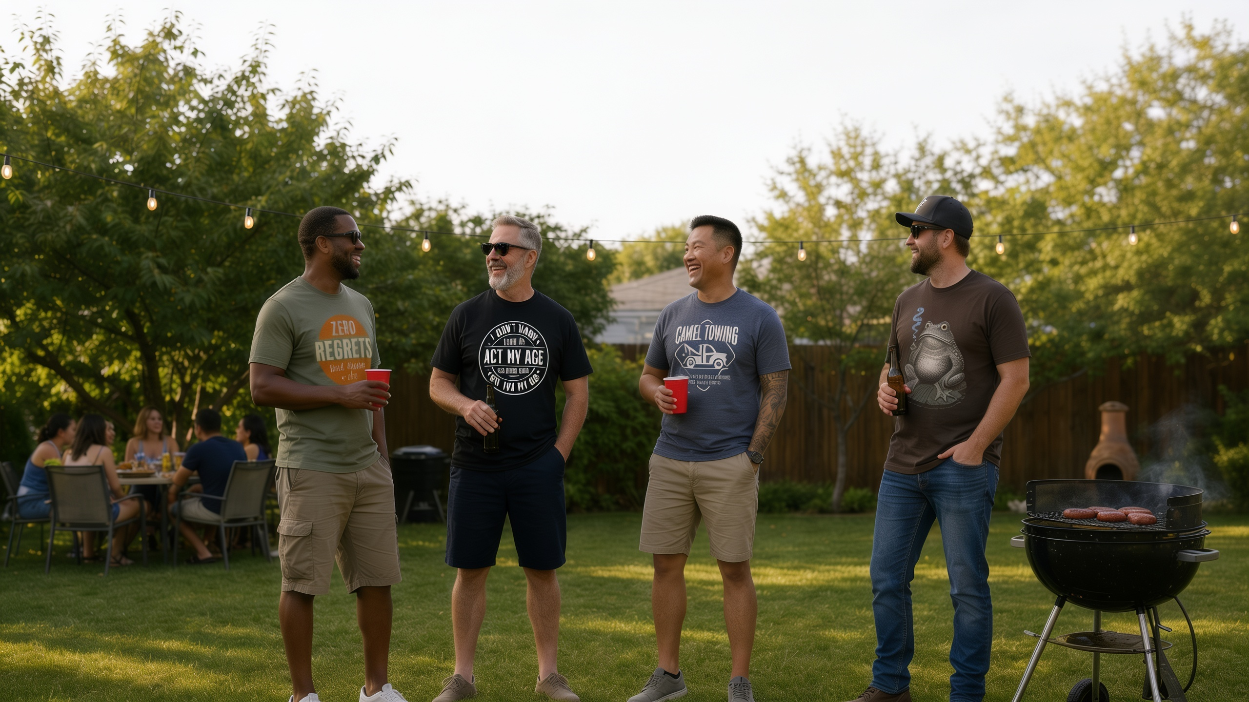 Man Tees — guys at a backyard BBQ in Man Tees shirts (text-free hero banner)