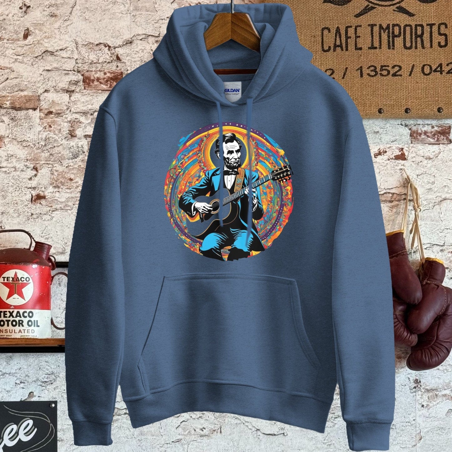 Hoodie / S / Heather Sport Dark Navy Abraham Lincoln Playing Guitar Shirt