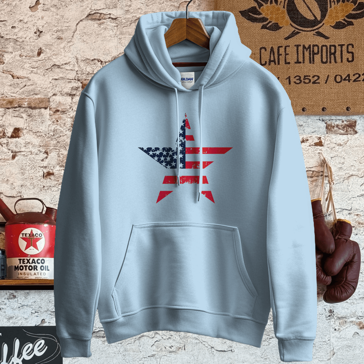 Hoodie / S / Light Blue Patriotic American Flag Star Shirt