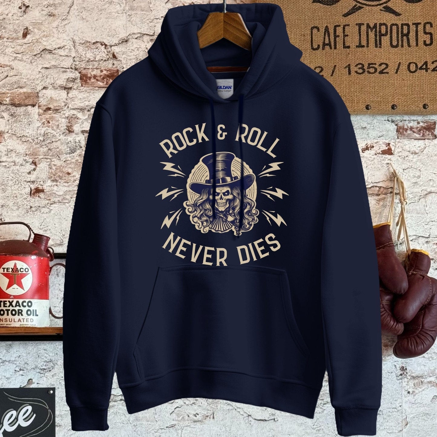 Hoodie / S / Navy Rock And Roll Never Dies Shirt