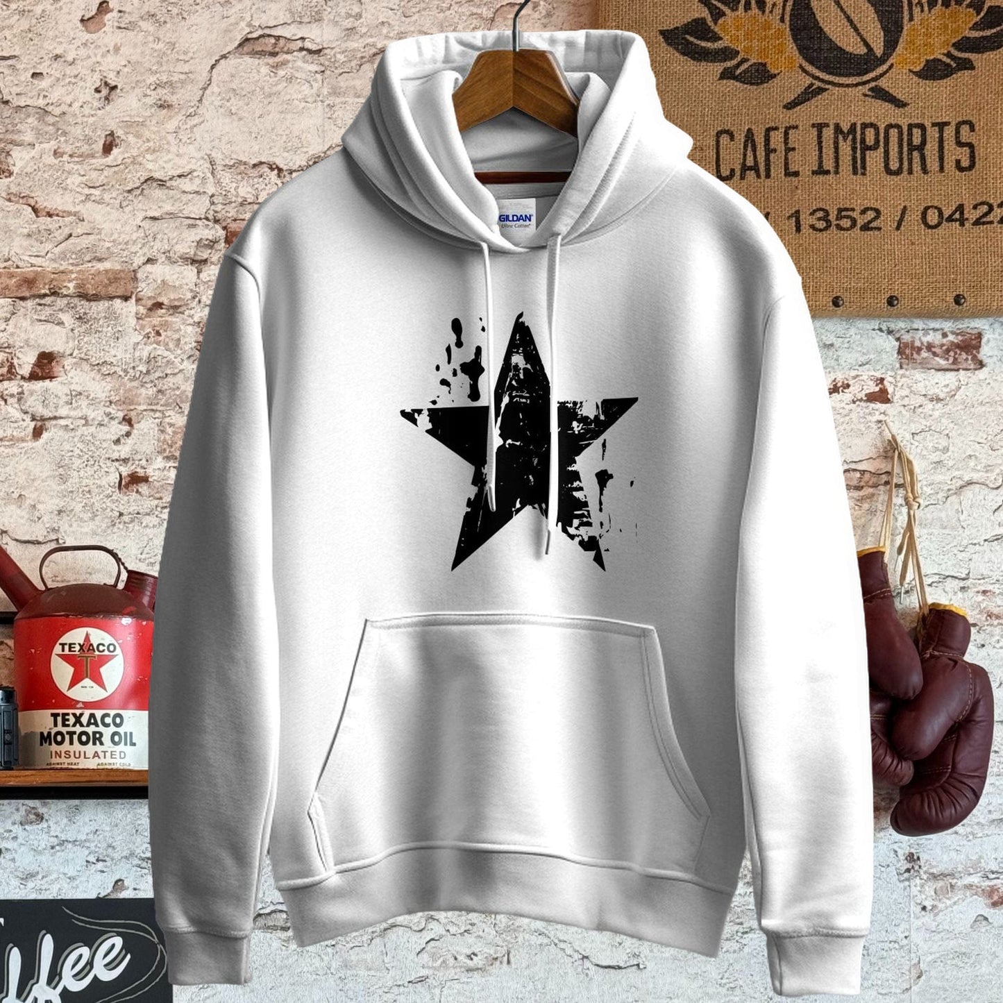 Hoodie / S / White Distressed Black Star Shirt