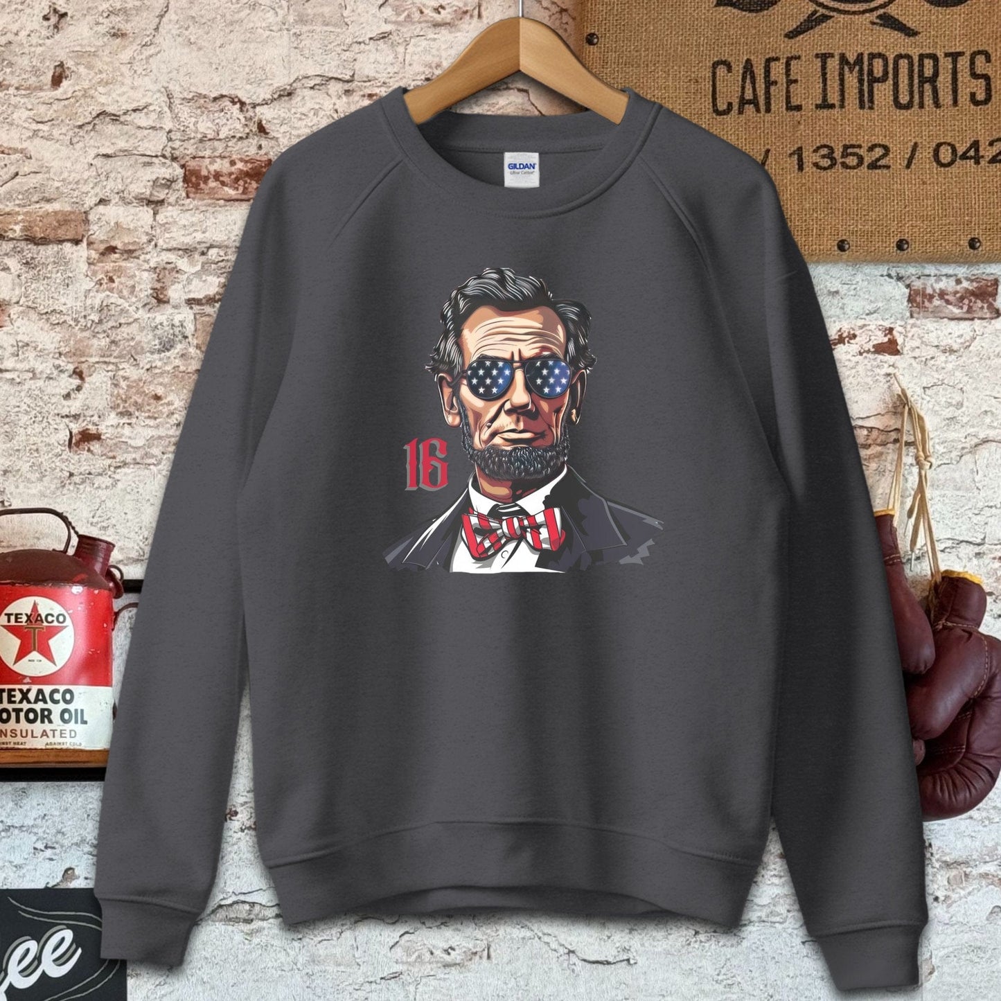 Sweatshirt / S / Dark Heather Patriotic Lincoln with Sunglasses Shirt