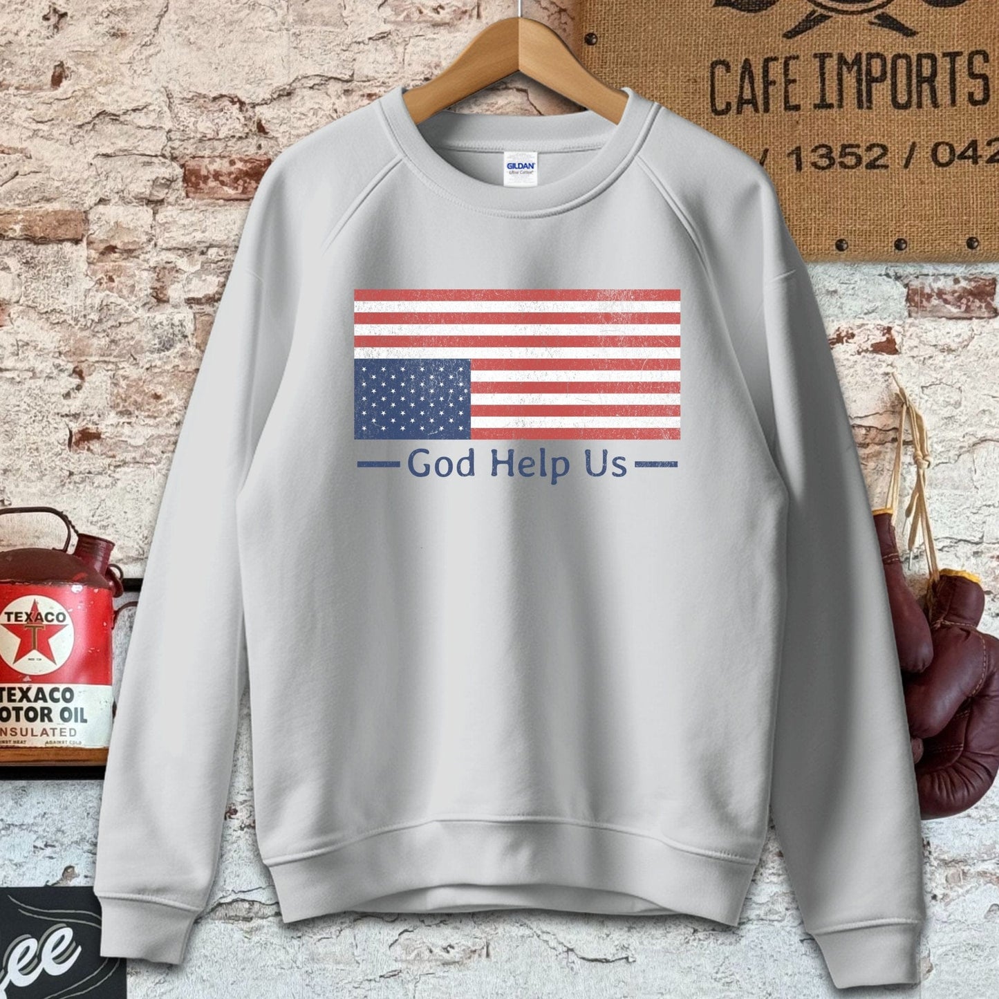 Sweatshirt / S / Sport Grey God Help Us Distressed American Flag Shirt