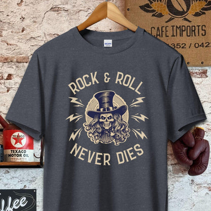 T-shirt / S / Dark Heather Rock And Roll Never Dies Shirt