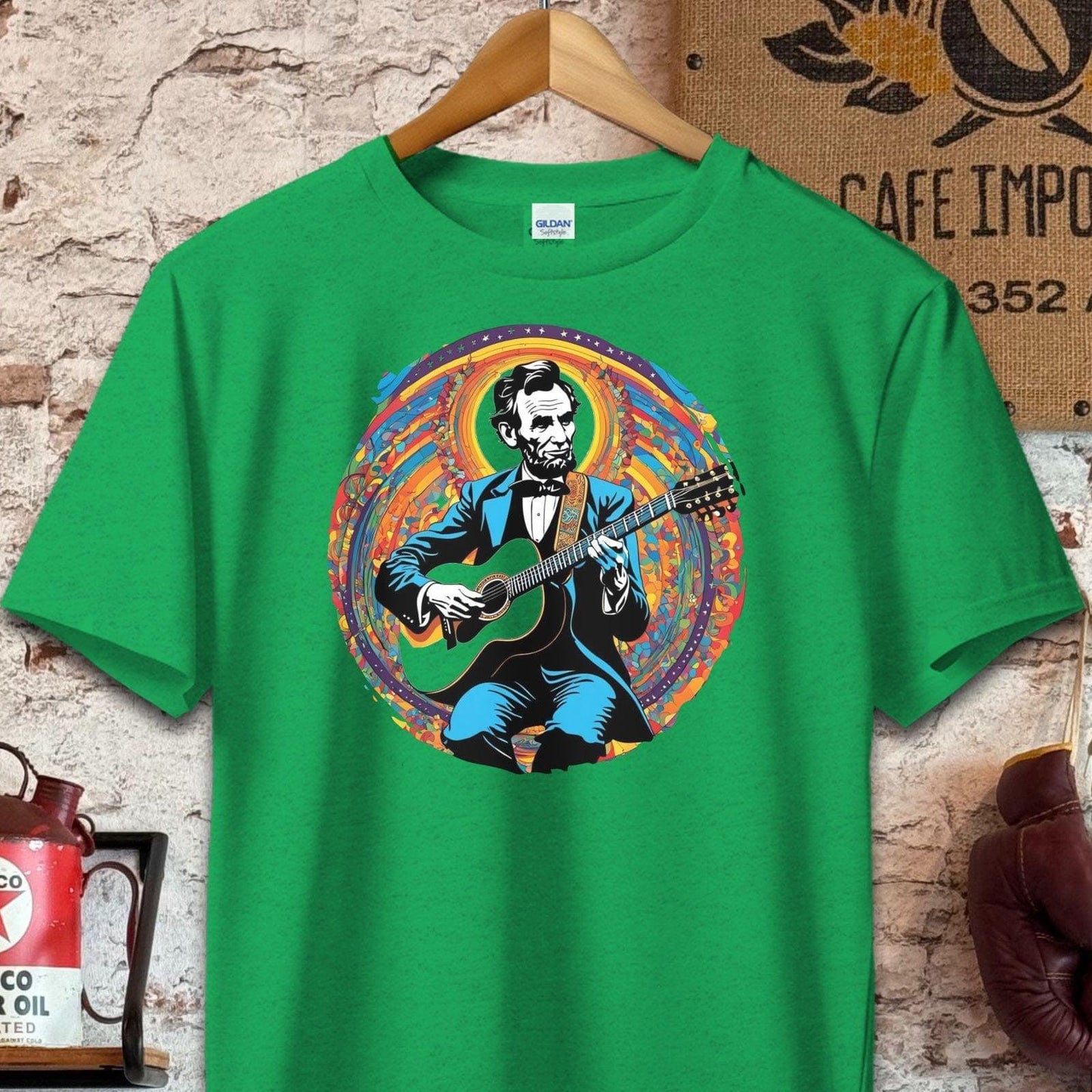 T-shirt / S / Heather Irish Green Abraham Lincoln Playing Guitar Shirt