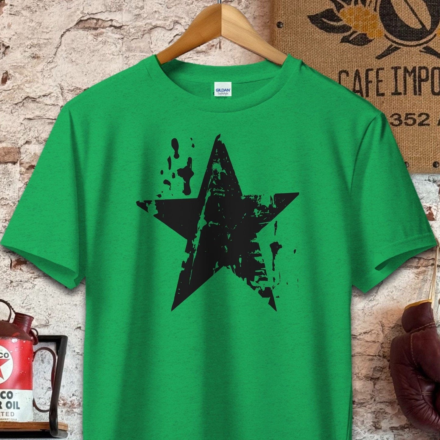 T-shirt / S / Heather Irish Green Distressed Black Star Shirt