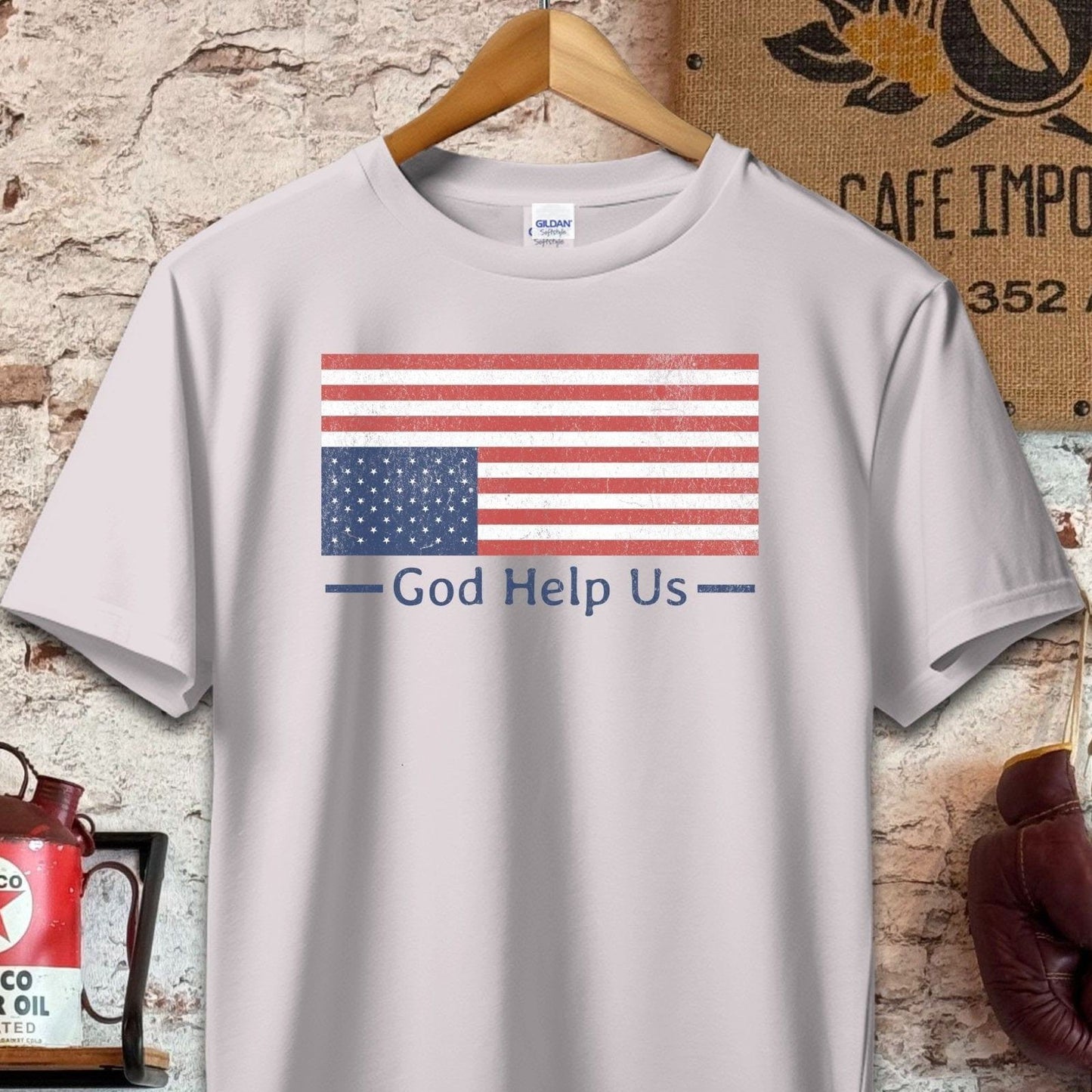 T-shirt / S / Ice Grey God Help Us Distressed American Flag Shirt