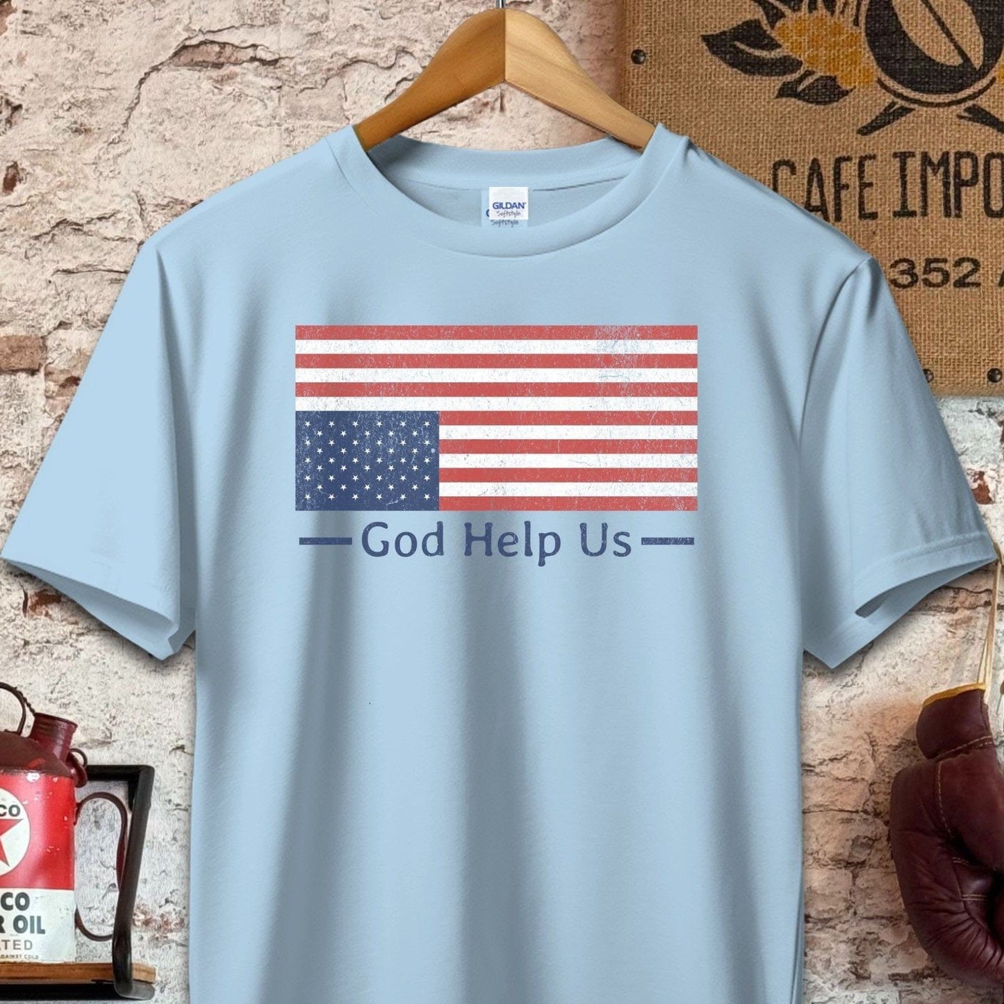 T-shirt / S / Light Blue God Help Us Distressed American Flag Shirt