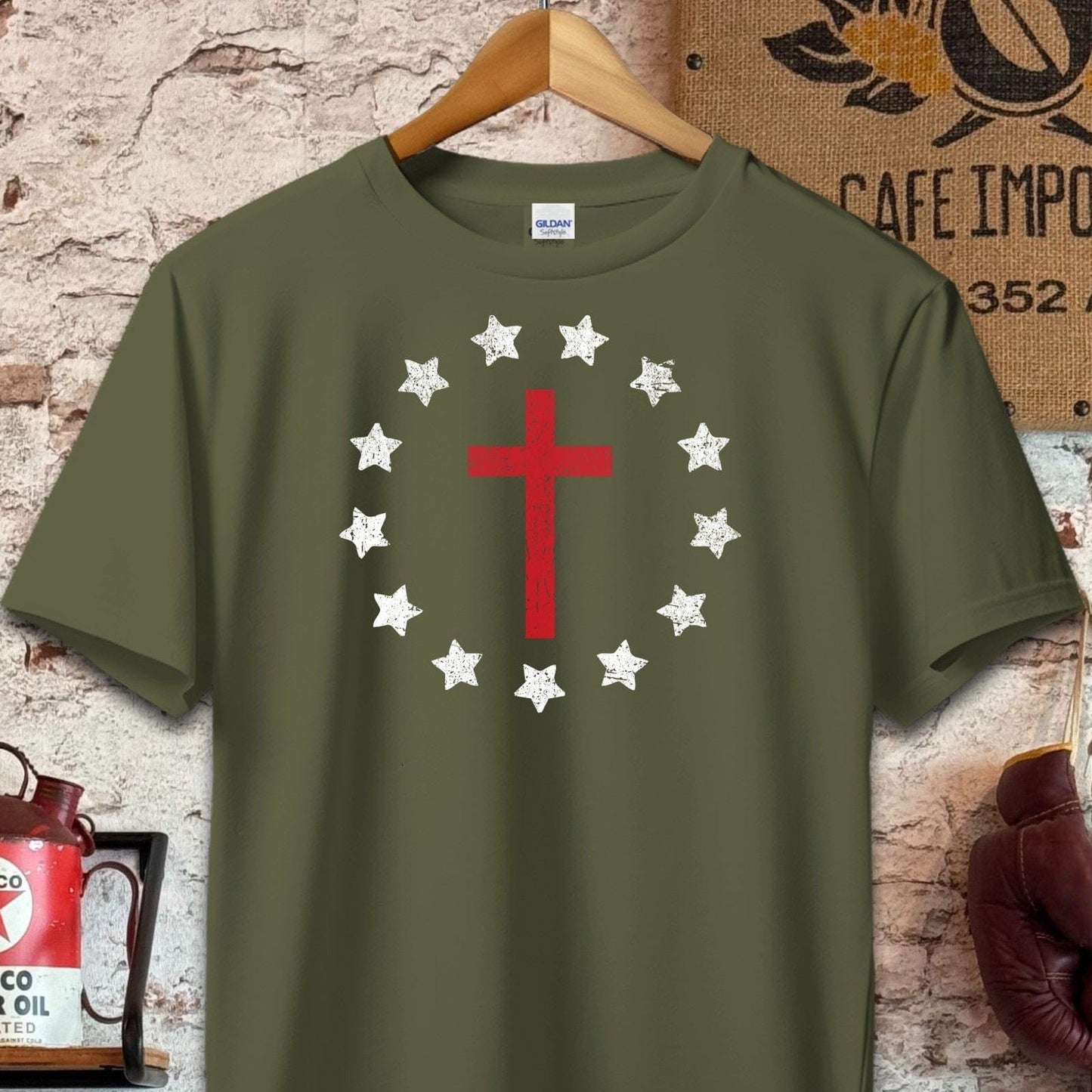 T-shirt / S / Military Green Cross Surrounded by Stars Shirt