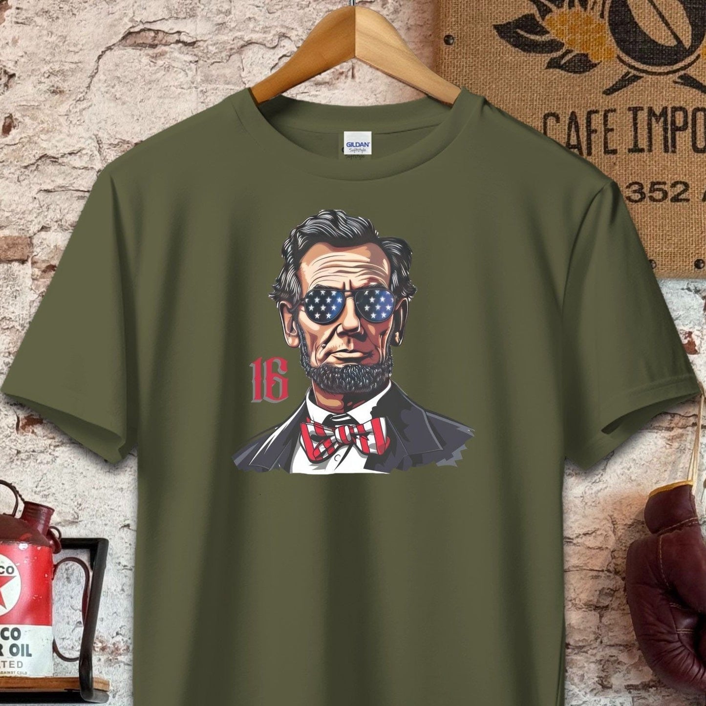 T-shirt / S / Military Green Patriotic Lincoln with Sunglasses Shirt