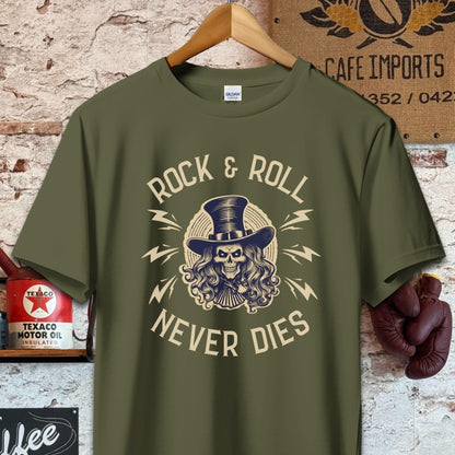 T-shirt / S / Military Green Rock And Roll Never Dies Shirt