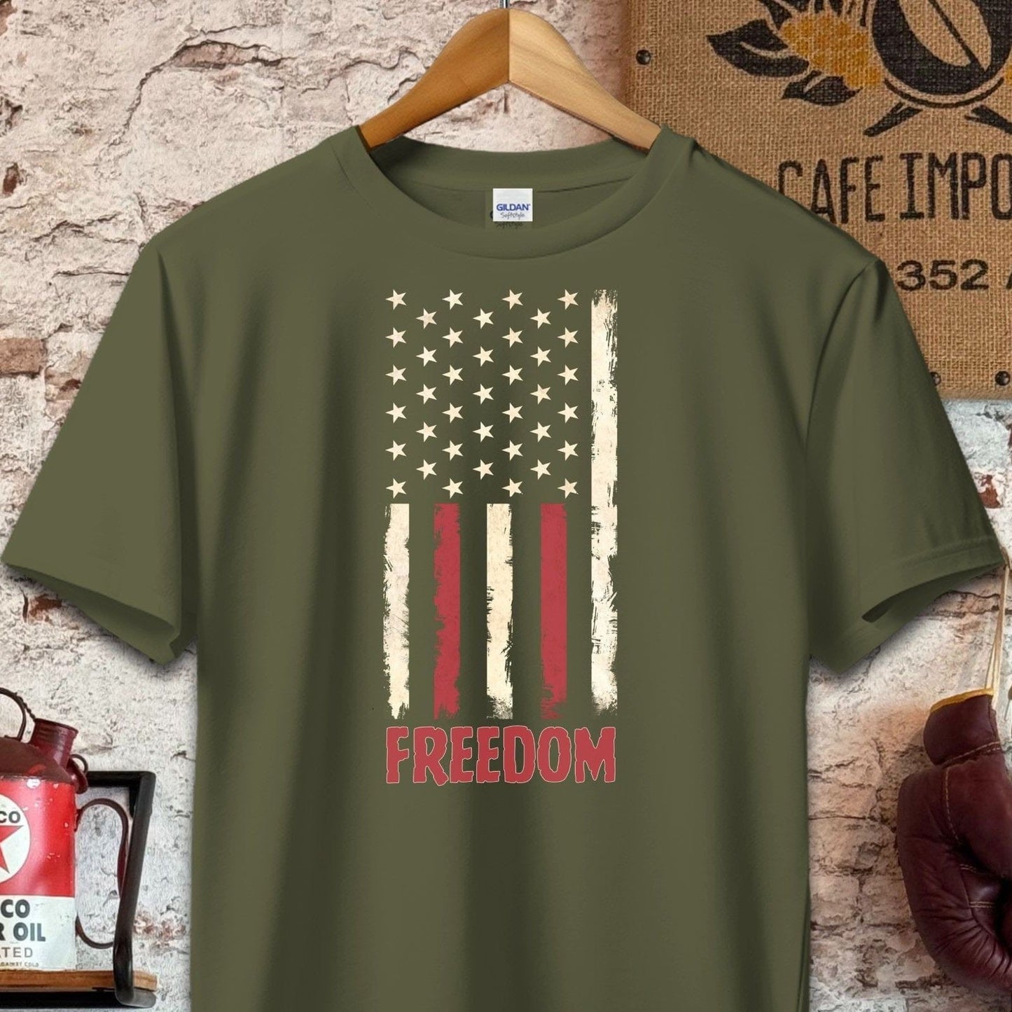 T-shirt / S / Military Green Vintage Distressed American Flag Freedom Shirt