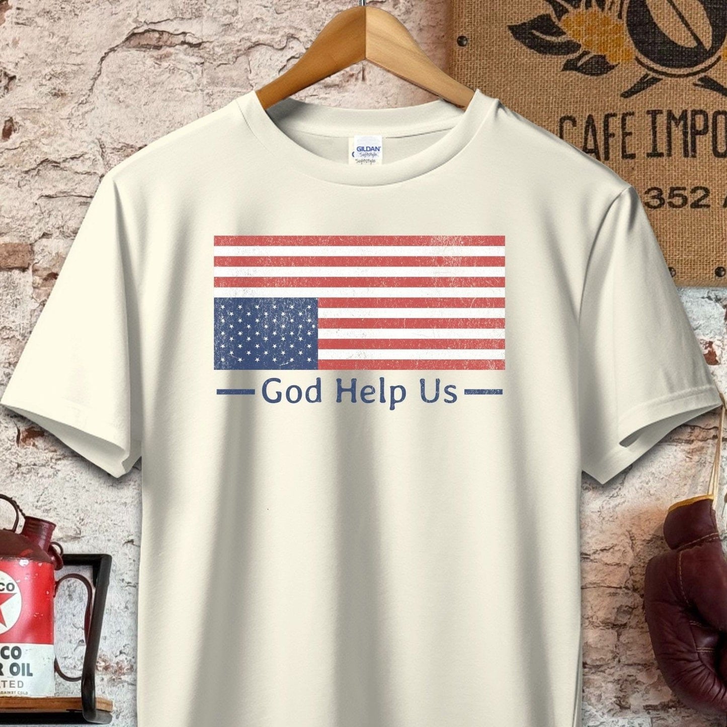 T-shirt / S / Natural God Help Us Distressed American Flag Shirt