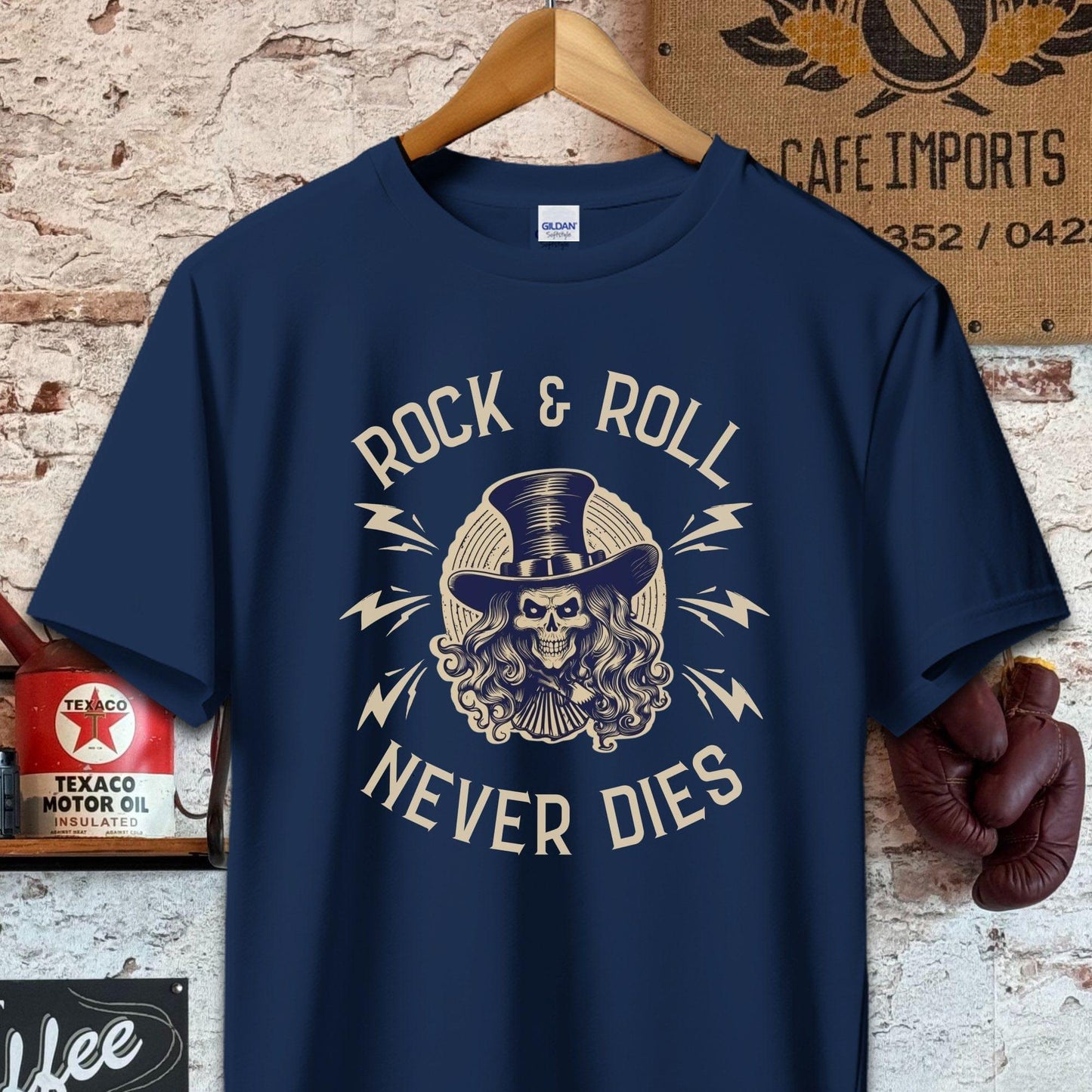 T-shirt / S / Navy Rock And Roll Never Dies Shirt