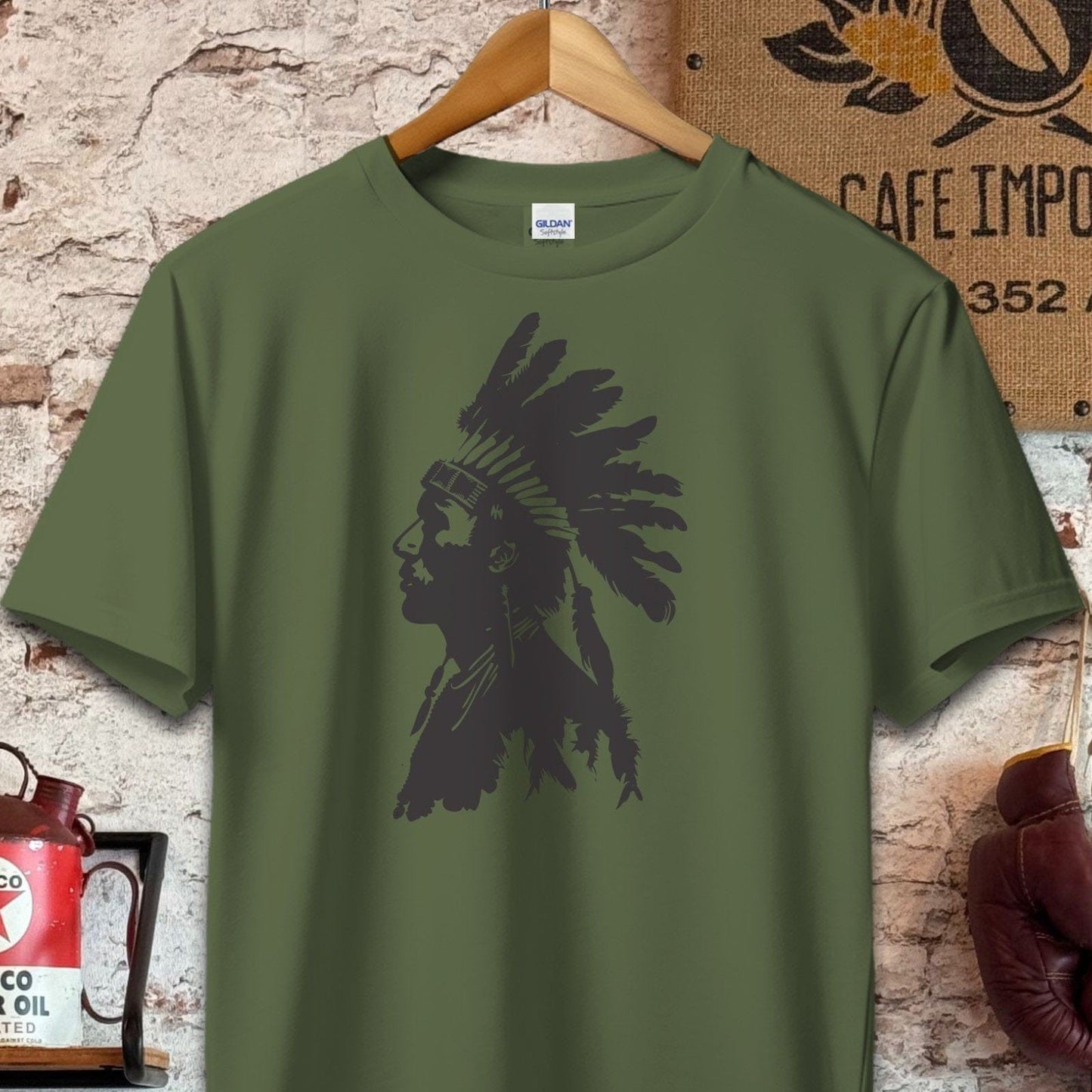 T-shirt / S / Olive Native American Warrior Headdress Shirt