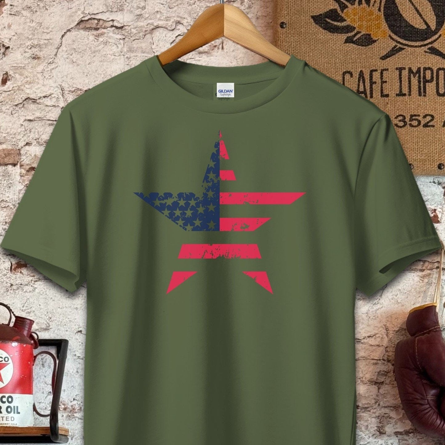 T-shirt / S / Olive Patriotic American Flag Star Shirt