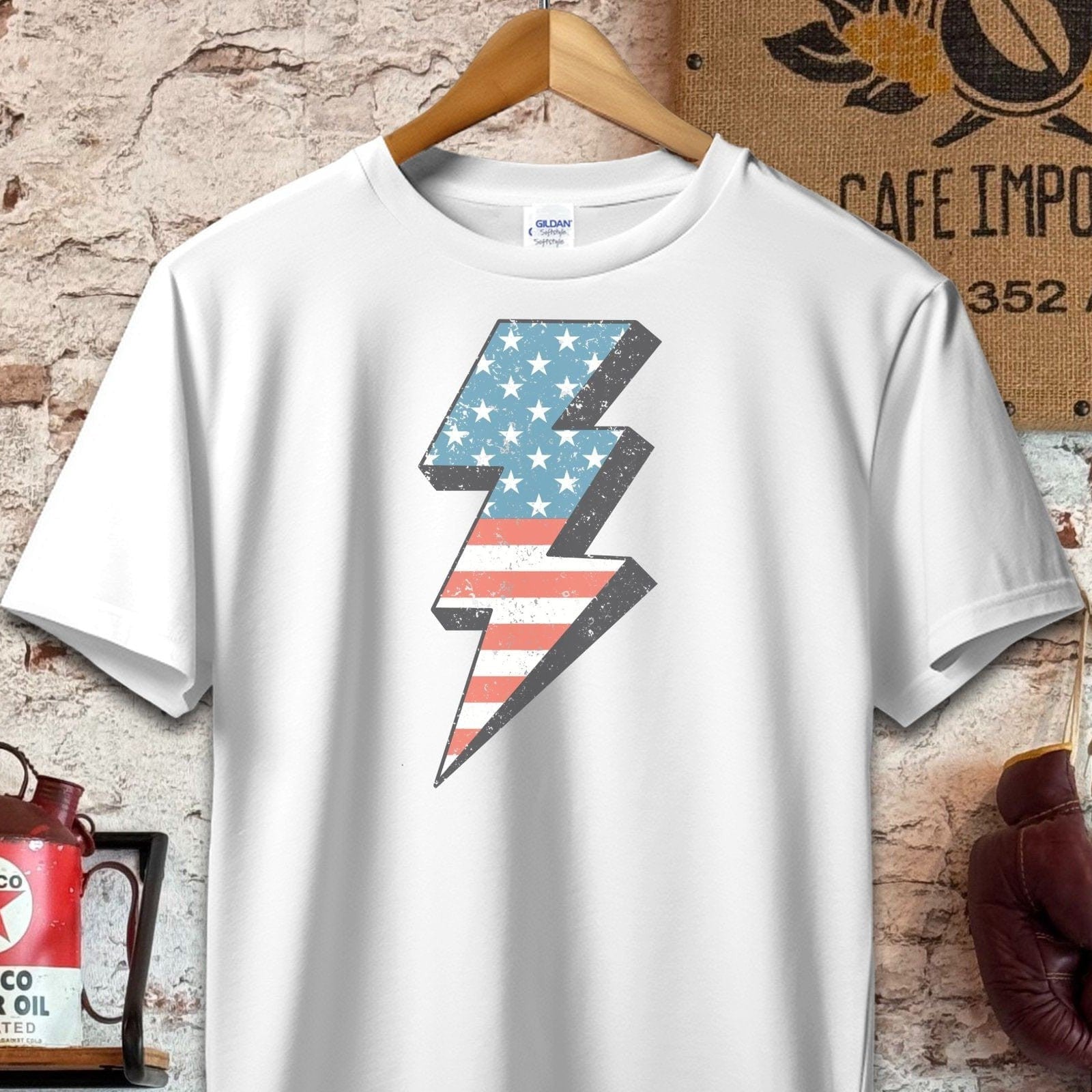 T-shirt / S / White Vintage American Flag Lightning Bolt Shirt